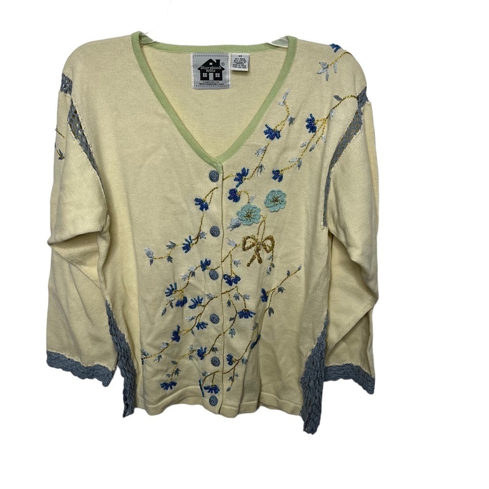 Storybook Knits XS Ivory Sweater Cardigan Blue Floral Embellished Beaded